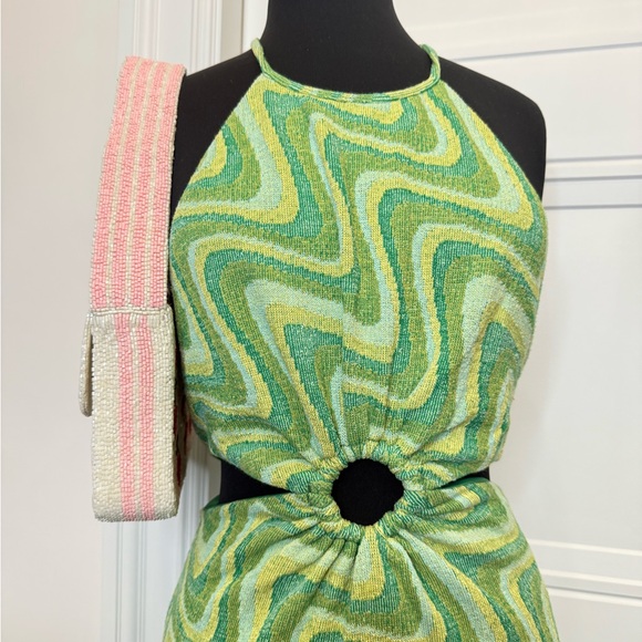 ZARA ZIG ZAG GREEN CUT OUT DRESS 70s FUNKY MEDIUM JACQUARD BLOGGER - Picture 2 of 5